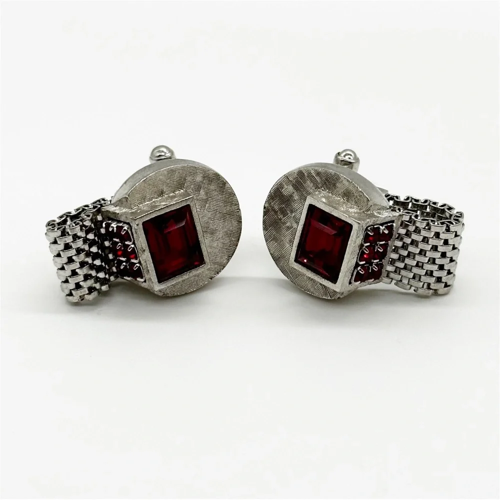 Vintage Mesh Brushed Silver Tone Red Jeweled Cufflinks